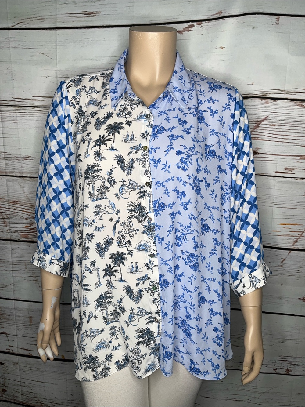 Rose & Olive Sz 3X Blue & White Monkey - Floral Mixed Print Button Up Blouse Top